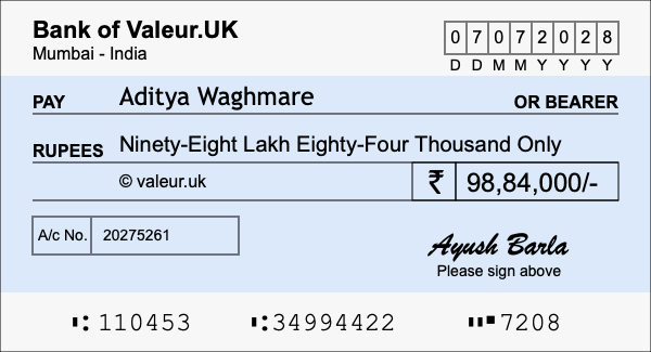 How to write a cheque for 98.84 lakh rupees How to write a cheque for 98.84 lakh rupees