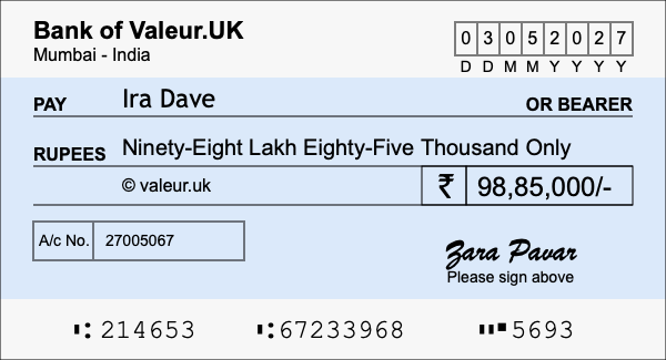 How to write a cheque for 98.85 lakh rupees How to write a cheque for 98.85 lakh rupees