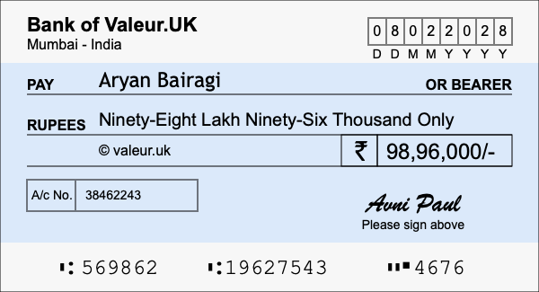 How to write a cheque for 98.96 lakh rupees How to write a cheque for 98.96 lakh rupees