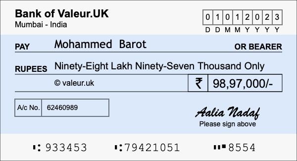 How to write a cheque for 98.97 lakh rupees How to write a cheque for 98.97 lakh rupees