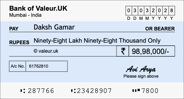 How to write a cheque for 98.98 lakh rupees How to write a cheque for 98.98 lakh rupees