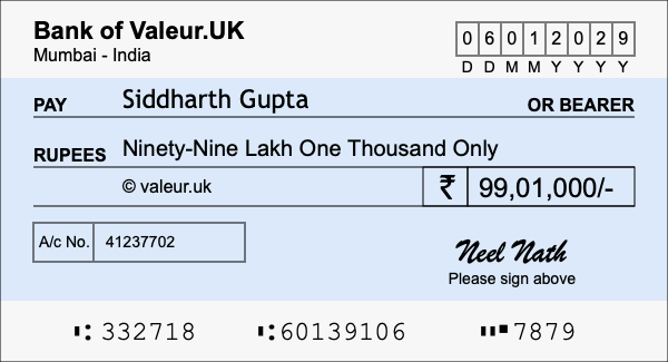 How to write a cheque for 99.01 lakh rupees How to write a cheque for 99.01 lakh rupees