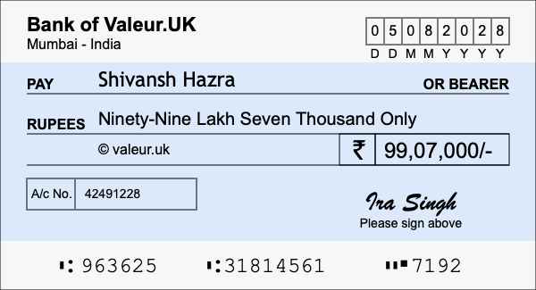 How to write a cheque for 99.07 lakh rupees How to write a cheque for 99.07 lakh rupees