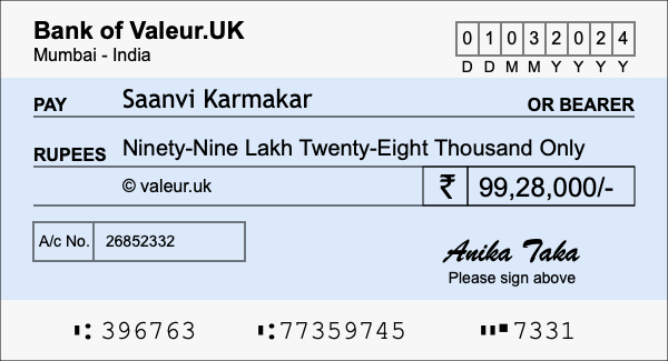 How to write a cheque for 99.28 lakh rupees How to write a cheque for 99.28 lakh rupees
