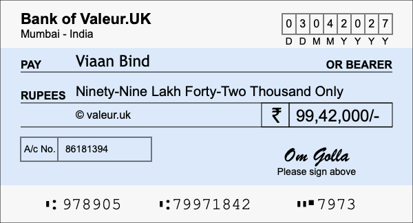 How to write a cheque for 99.42 lakh rupees