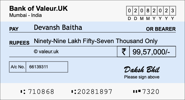 How to write a cheque for 99.57 lakh rupees
