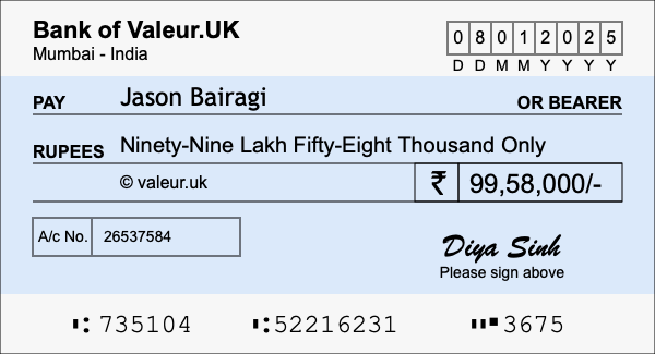 How to write a cheque for 99.58 lakh rupees