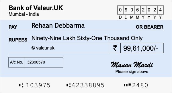 How to write a cheque for 99.61 lakh rupees