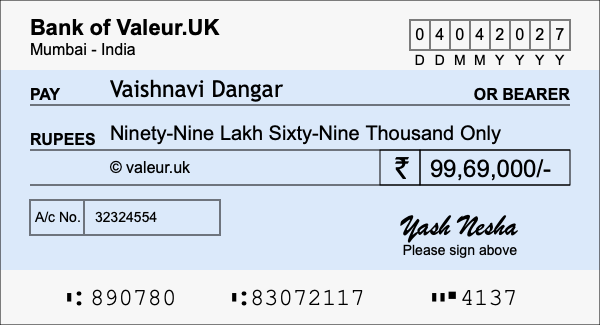 How to write a cheque for 99.69 lakh rupees