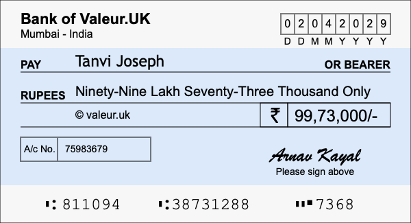 How to write a cheque for 99.73 lakh rupees