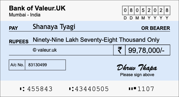 How to write a cheque for 99.78 lakh rupees