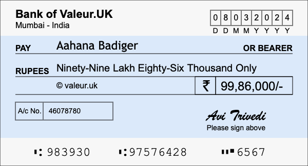 How to write a cheque for 99.86 lakh rupees How to write a cheque for 99.86 lakh rupees