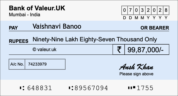 How to write a cheque for 99.87 lakh rupees