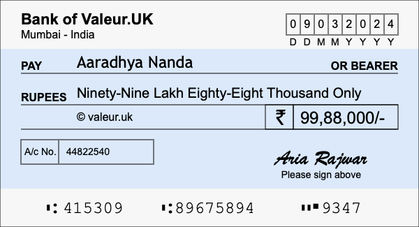 How to write a cheque for 99.88 lakh rupees How to write a cheque for 99.88 lakh rupees