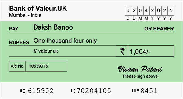 How to write a cheque for 1,004 rupees