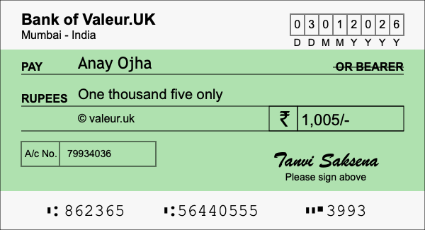 How to write a cheque for 1,005 rupees