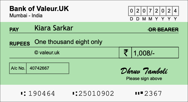 How to write a cheque for 1,008 rupees