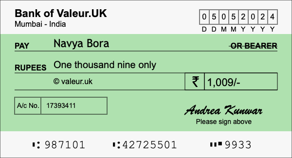 How to write a cheque for 1,009 rupees