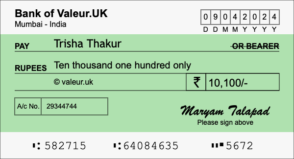How to write a cheque for 10,100 rupees