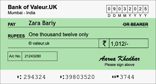 How to write a cheque for 1,012 rupees