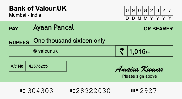How to write a cheque for 1,016 rupees