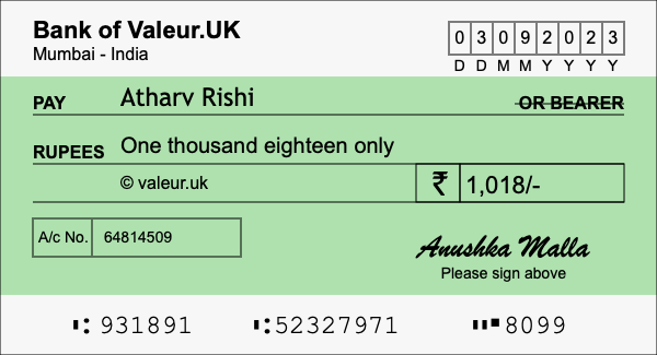 How to write a cheque for 1,018 rupees