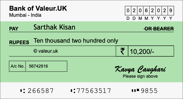 How to write a cheque for 10,200 rupees