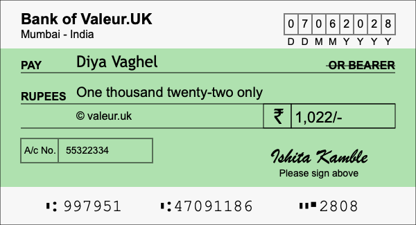 How to write a cheque for 1,022 rupees