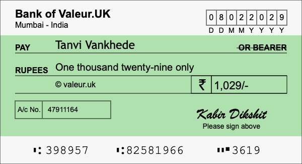 How to write a cheque for 1,029 rupees