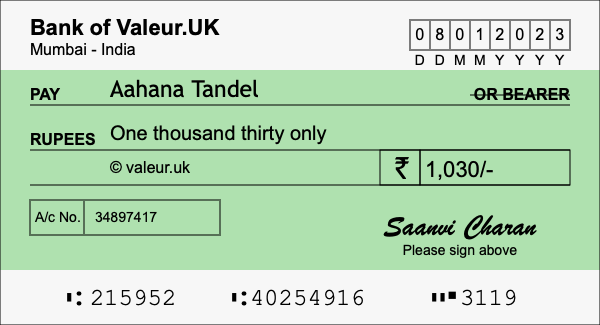 How to write a cheque for 1,030 rupees