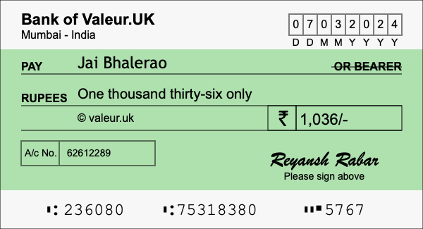 How to write a cheque for 1,036 rupees
