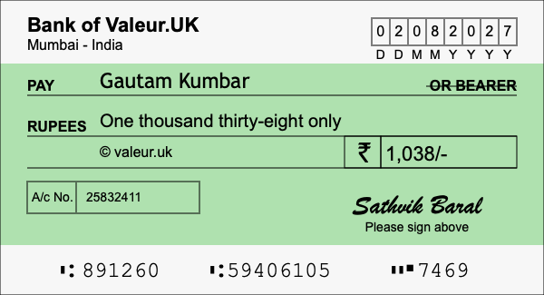 How to write a cheque for 1,038 rupees