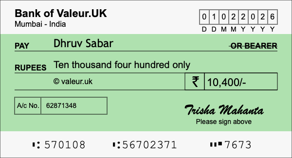 How to write a cheque for 10,400 rupees