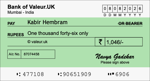 How to write a cheque for 1,046 rupees