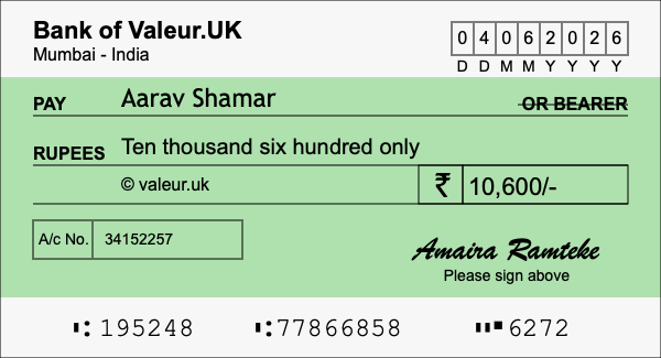 How to write a cheque for 10,600 rupees