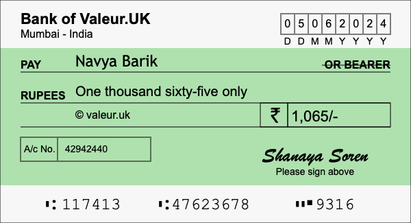 How to write a cheque for 1,065 rupees