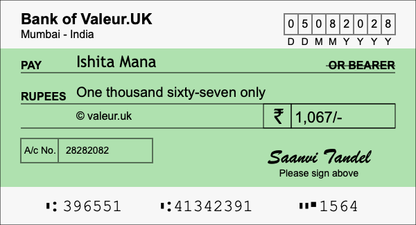 How to write a cheque for 1,067 rupees How to write a cheque for 1,067 rupees