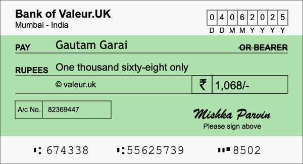 How to write a cheque for 1,068 rupees