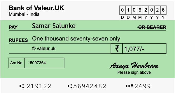 How to write a cheque for 1,077 rupees