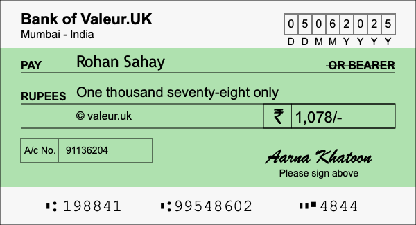 How to write a cheque for 1,078 rupees