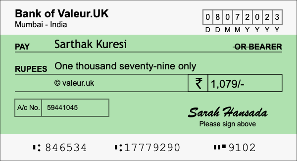 How to write a cheque for 1,079 rupees
