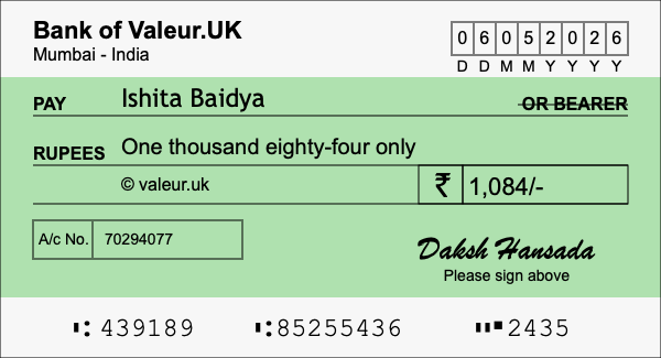 How to write a cheque for 1,084 rupees