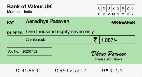 How to write a cheque for 1,087 rupees