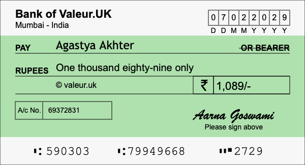 How to write a cheque for 1,089 rupees