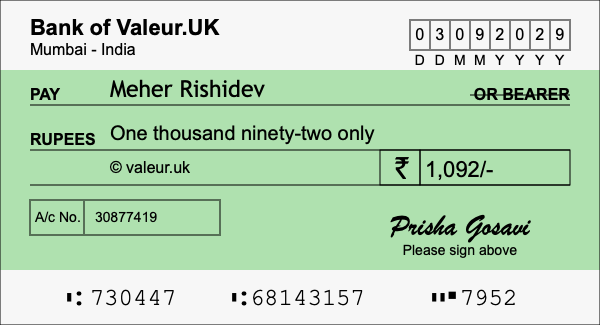 How to write a cheque for 1,092 rupees