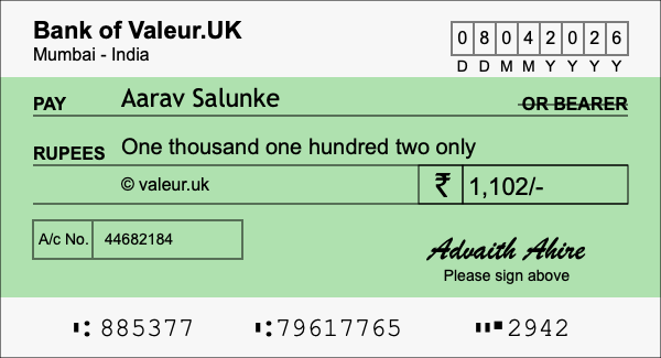 How to write a cheque for 1,102 rupees How to write a cheque for 1,102 rupees