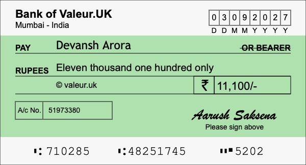 How to write a cheque for 11,100 rupees