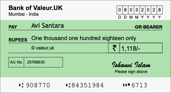 How to write a cheque for 1,118 rupees