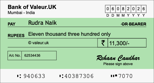 How to write a cheque for 11,300 rupees