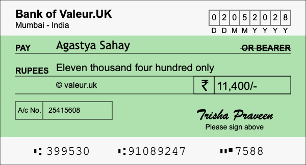 How to write a cheque for 11,400 rupees